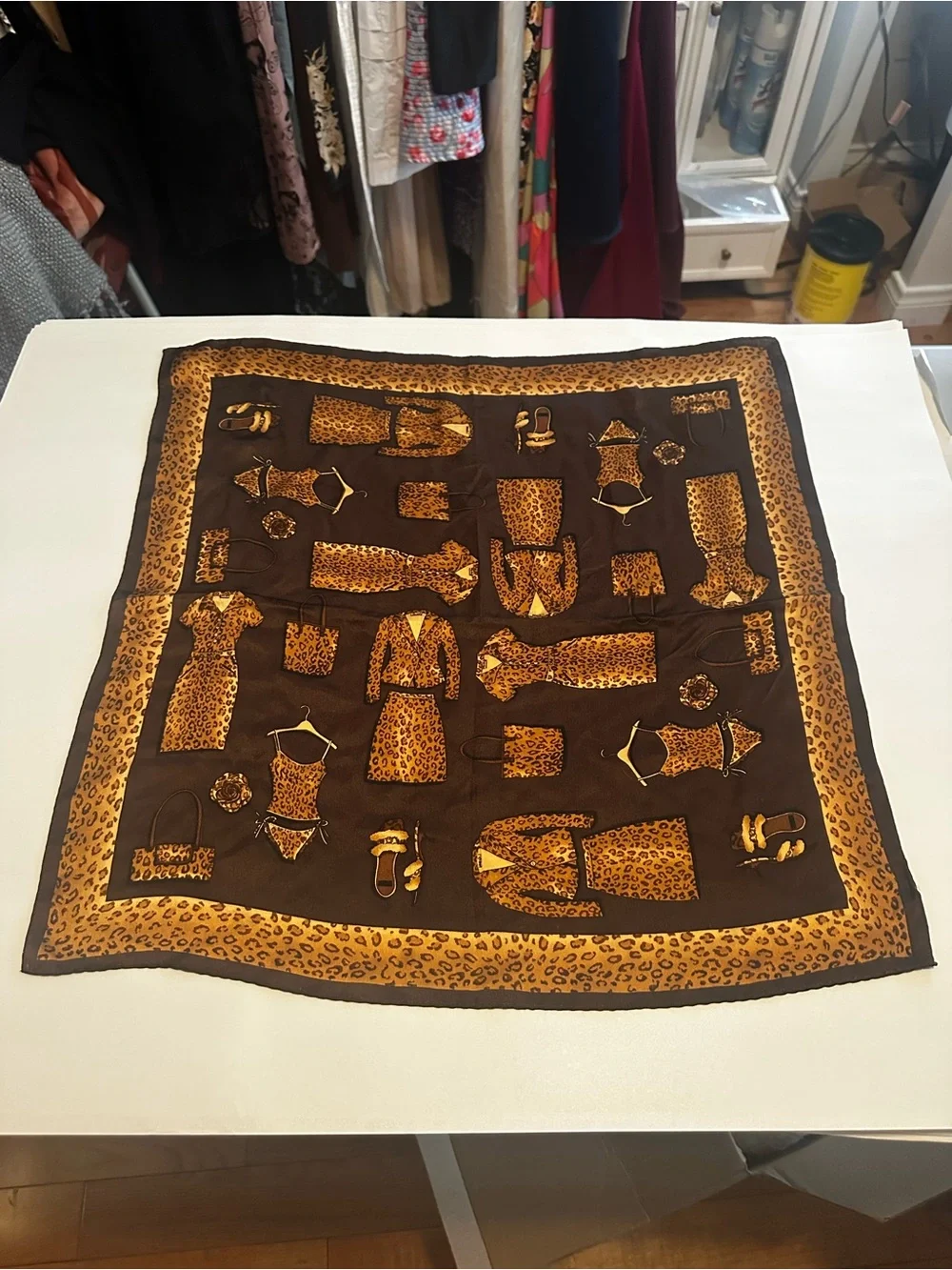 Vintage Leopard Wardrobe Print Silk Scarf Crown Signed